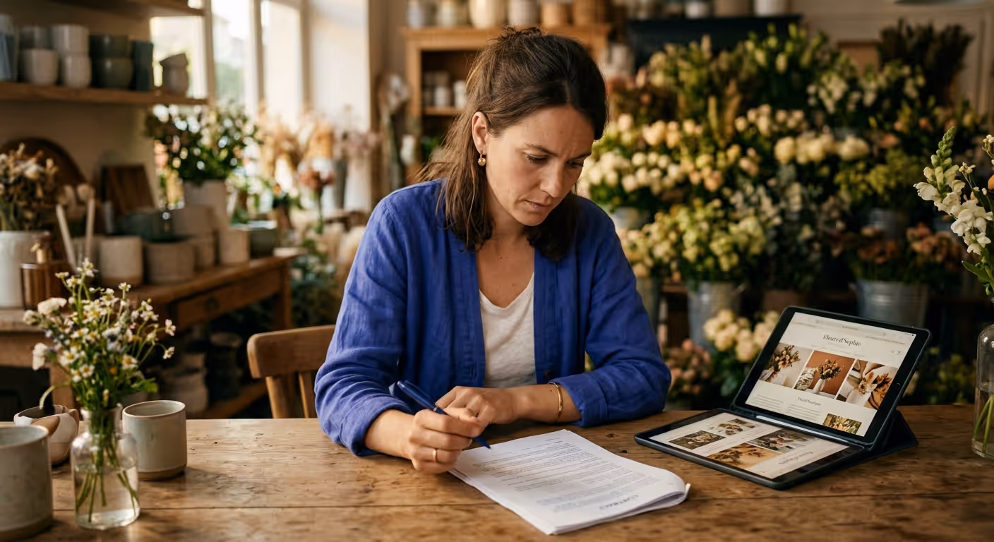 Une fleuriste relit attentivement le contrat de son site internet au comptoir de sa boutique, sa tablette affichant sa vitrine à côté