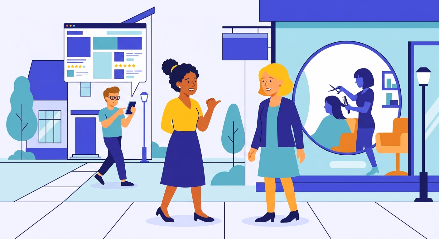 Illustration de clients recommandant une coiffeuse et vérifiant sa réputation sur un smartphone