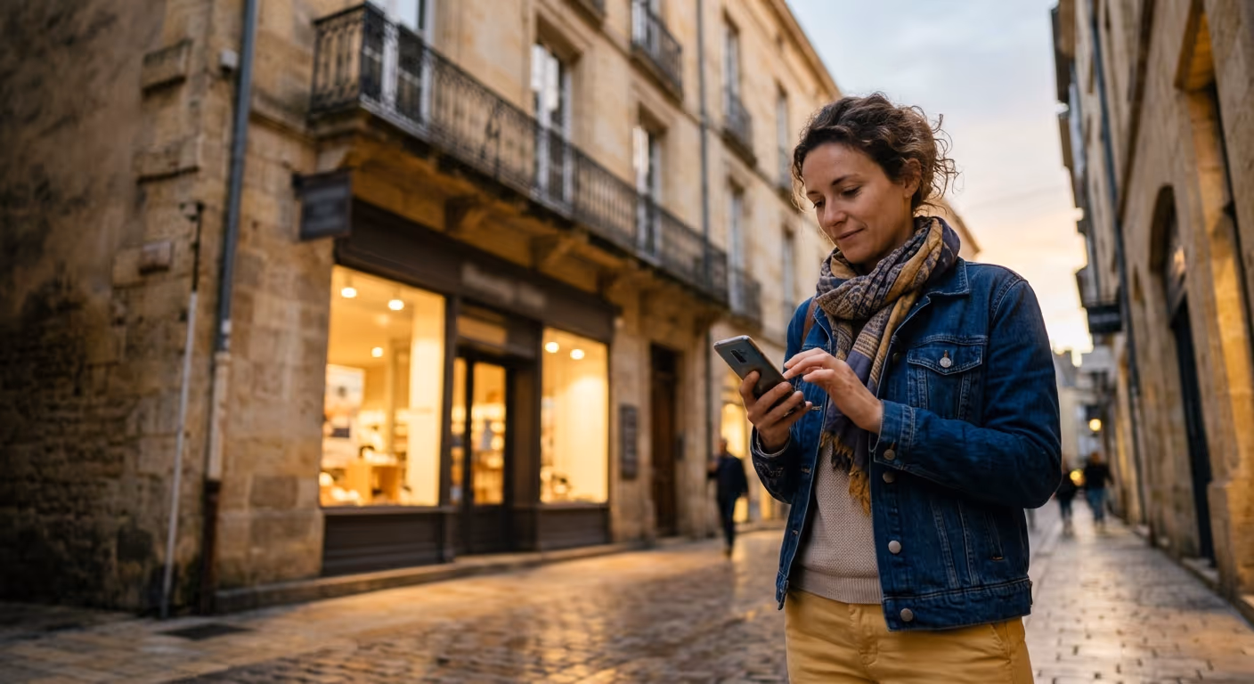 Une cliente vérifie sur son smartphone les horaires et les tarifs d'un salon de coiffure avant d'appeler, dans une rue commerçante