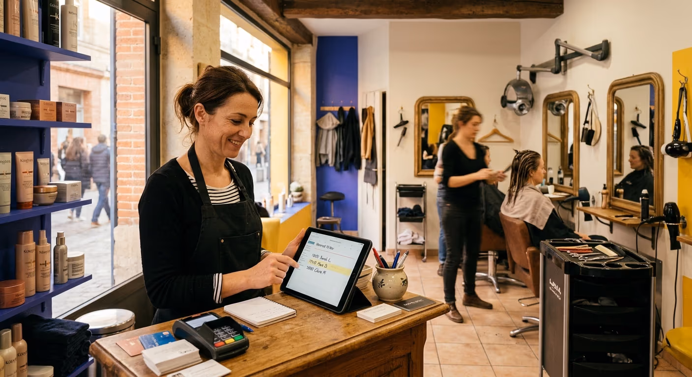 Une gérante de salon de coiffure consulte la prise de rendez-vous en ligne de son salon sur une tablette posée au comptoir d'accueil