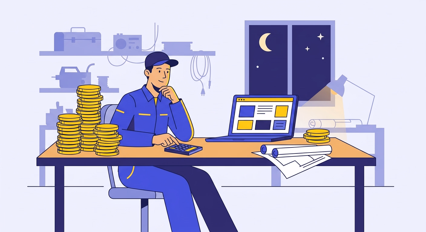 Illustration d'un électricien comparant le coût de plusieurs solutions de site internet