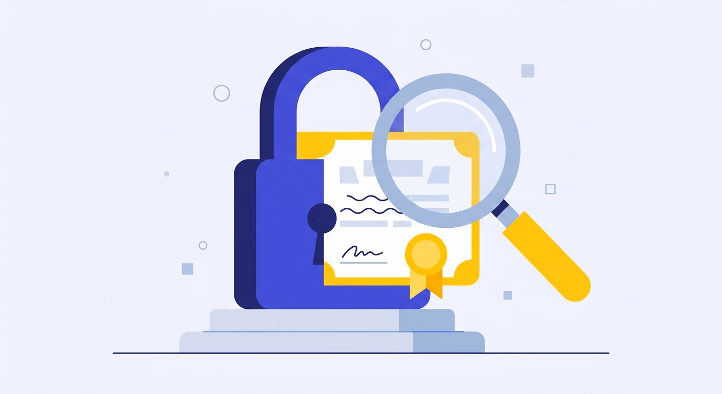 Illustration d'un certificat protégé par un cadenas et examiné à la loupe, symbole de la vérification du titulaire d'un domaine