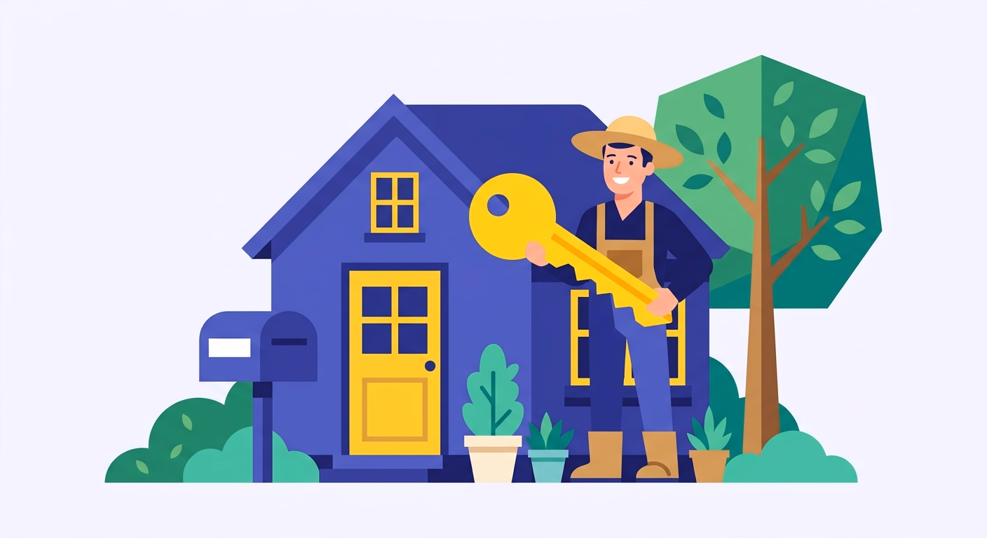 Illustration d'un paysagiste tenant la clé de sa maison, symbole d'un nom de domaine détenu en propre
