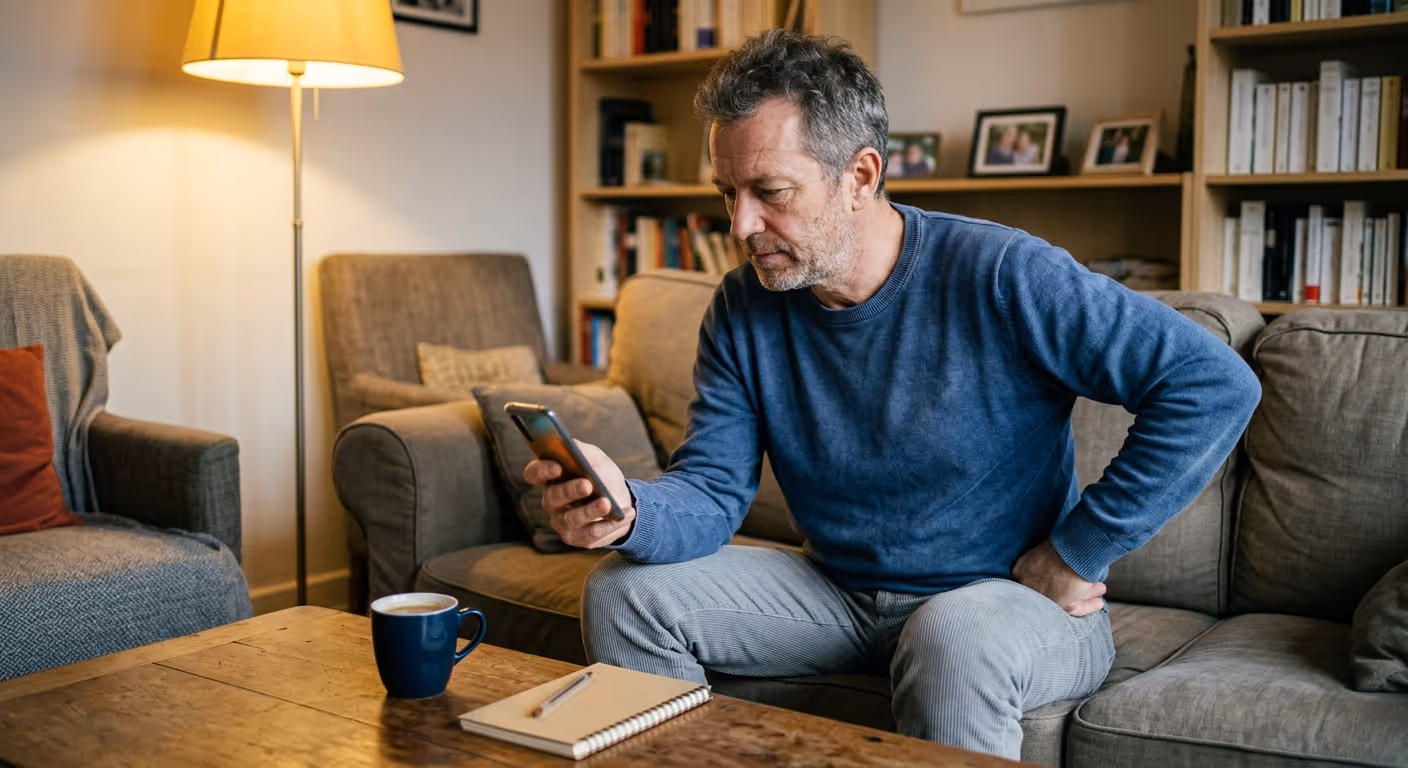 Un patient souffrant du dos vérifie le soir sur son smartphone l'ostéopathe qu'un ami lui a recommandé, avant d'appeler