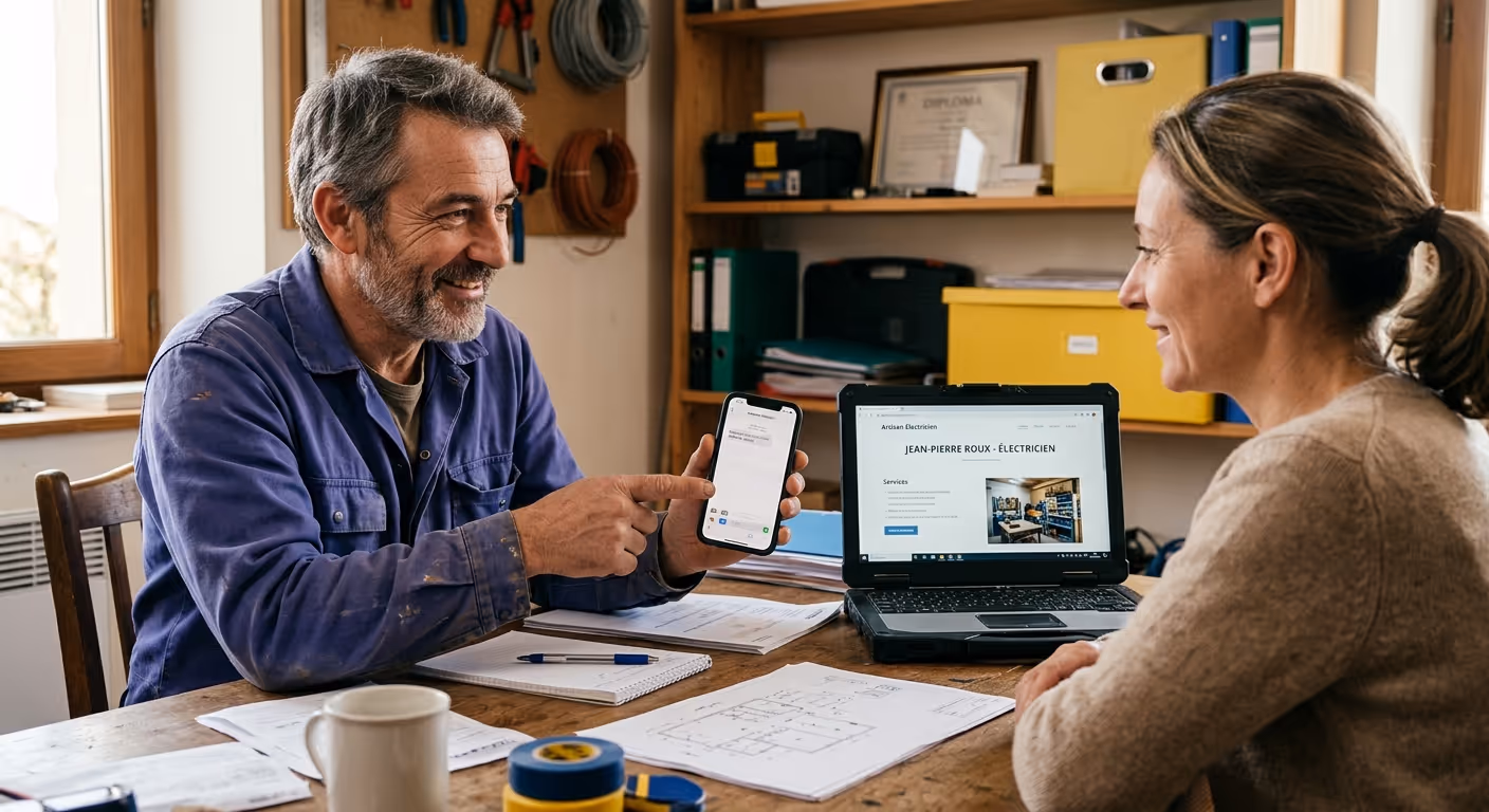 Artisan électricien qui partage le lien de sa vitrine par smartphone avec un client potentiel, assis dans son bureau