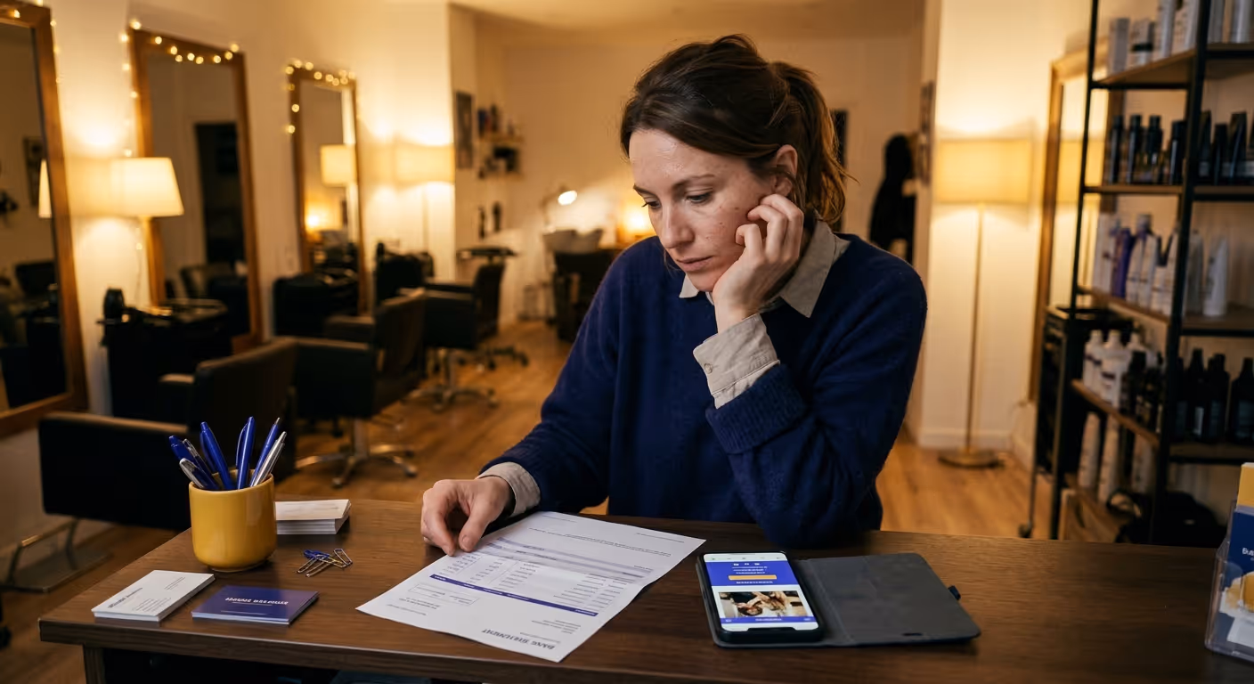 Une coiffeuse examine seule dans son salon un relevé bancaire où reviennent les prélèvements mensuels de son abonnement site internet