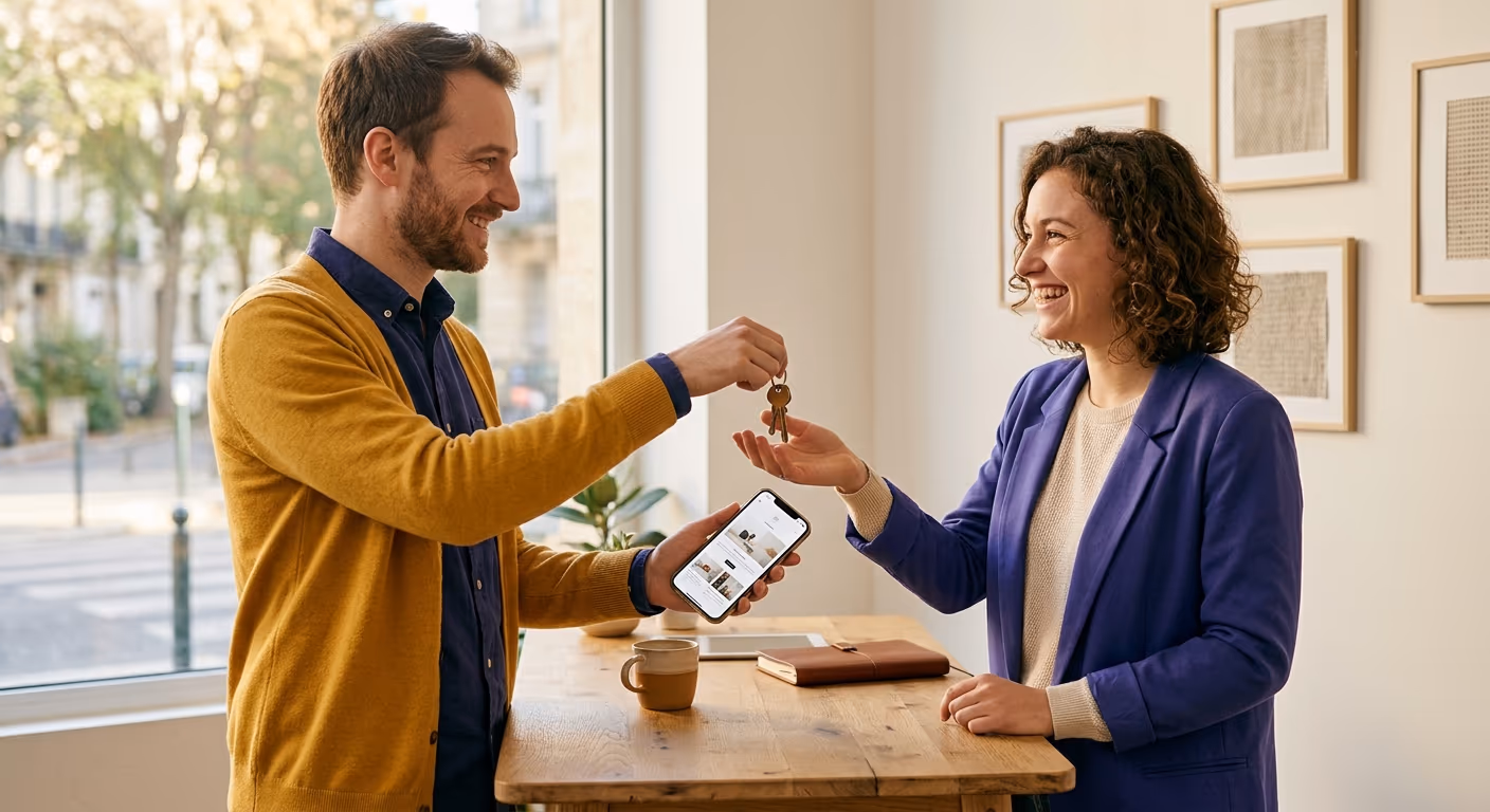 Un prestataire web remet à un indépendant les accès de son site vitrine, symbolisant le transfert de propriété