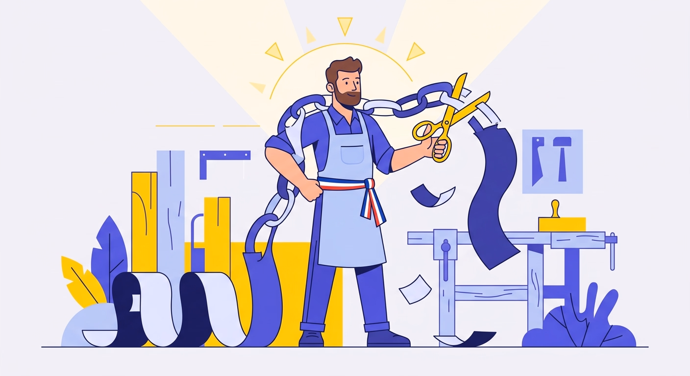 Illustration d'un artisan coupant un long contrat papier avec des ciseaux, symbole de résiliation