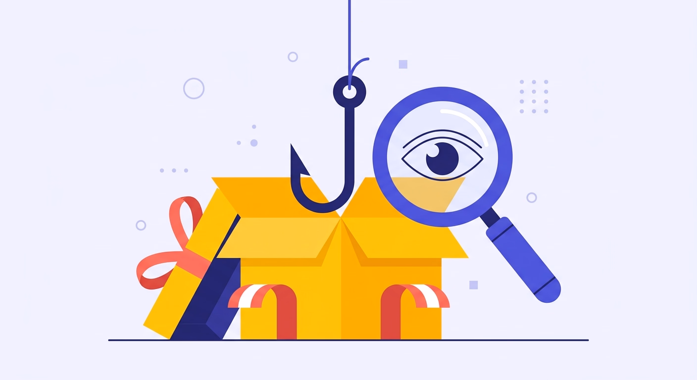 Illustration d'une boîte cadeau dissimulant un hameçon, symbole des fausses offres de sites gratuits