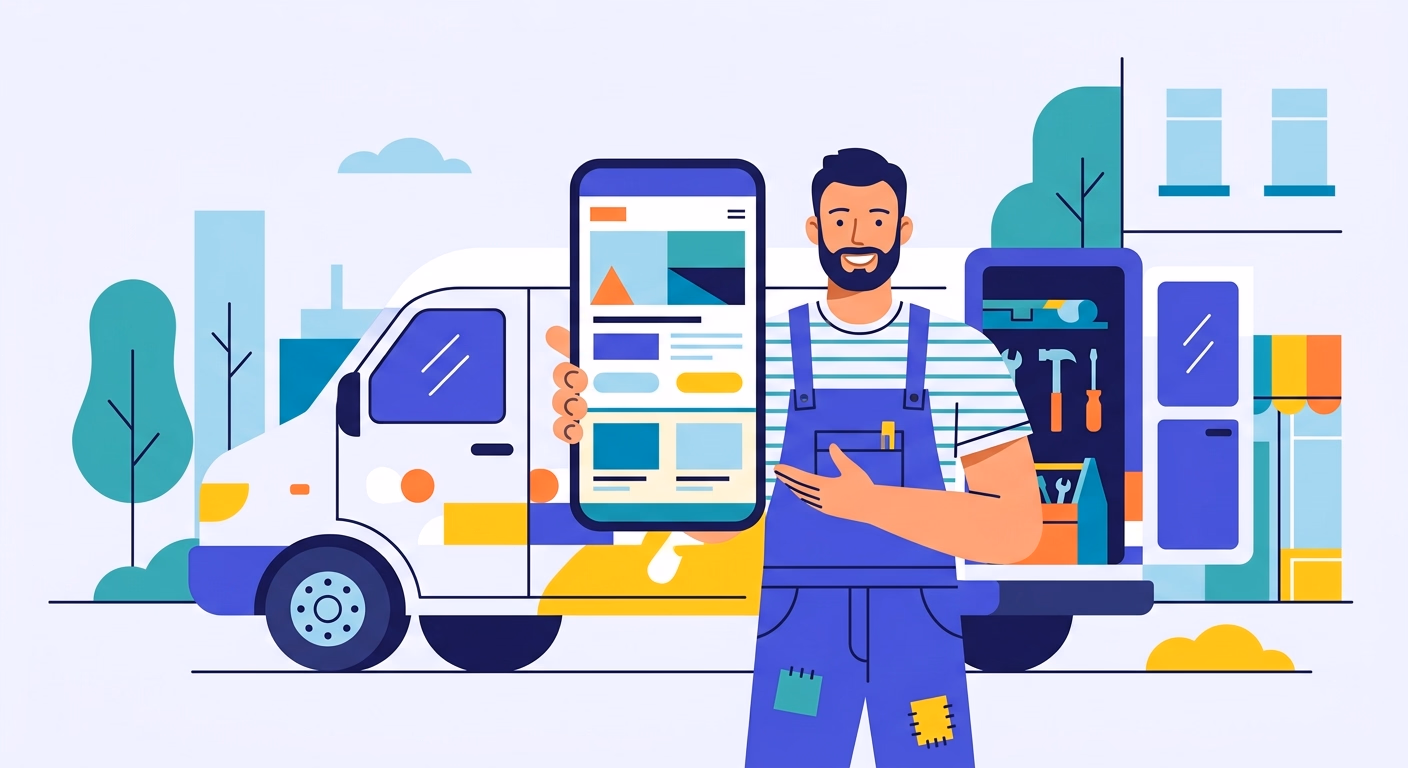 Illustration d'un artisan plombier découvrant la vitrine en ligne de son entreprise sur un smartphone