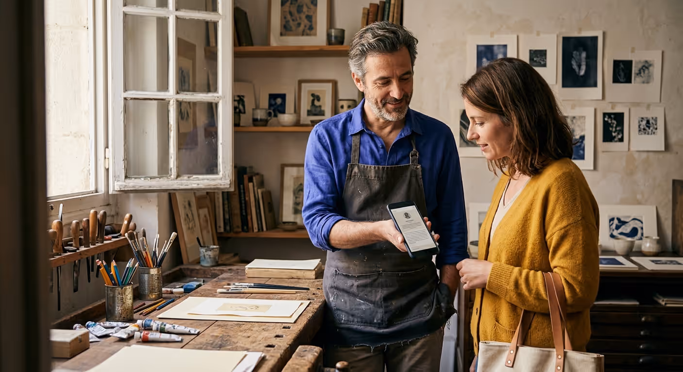 Un indépendant montre à sa cliente la page de présentation de son activité sur son smartphone, dans son atelier