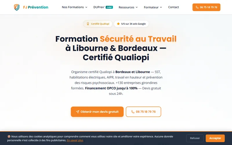Capture de la page d'accueil du site FJ Prévention (fjprevention.fr)
