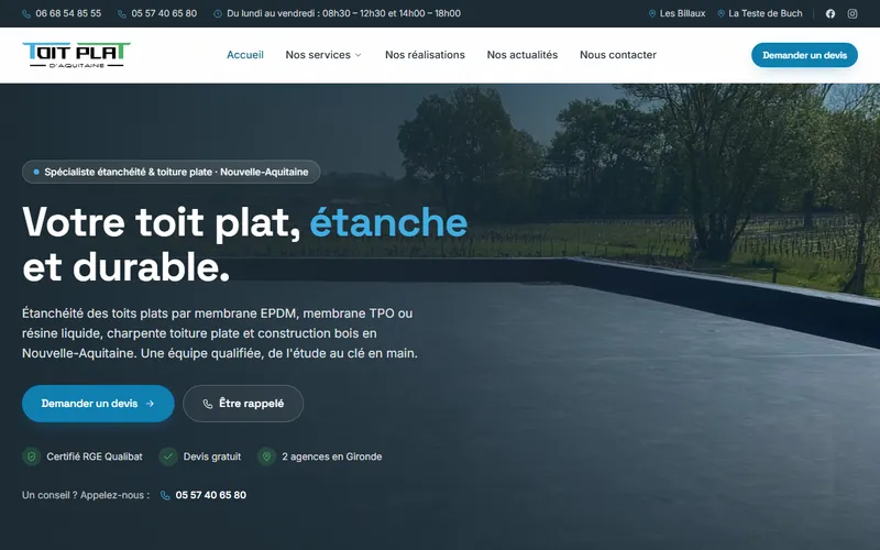 Capture de la page d'accueil du site Toit Plat Aquitaine (toitplataquitaine.com)