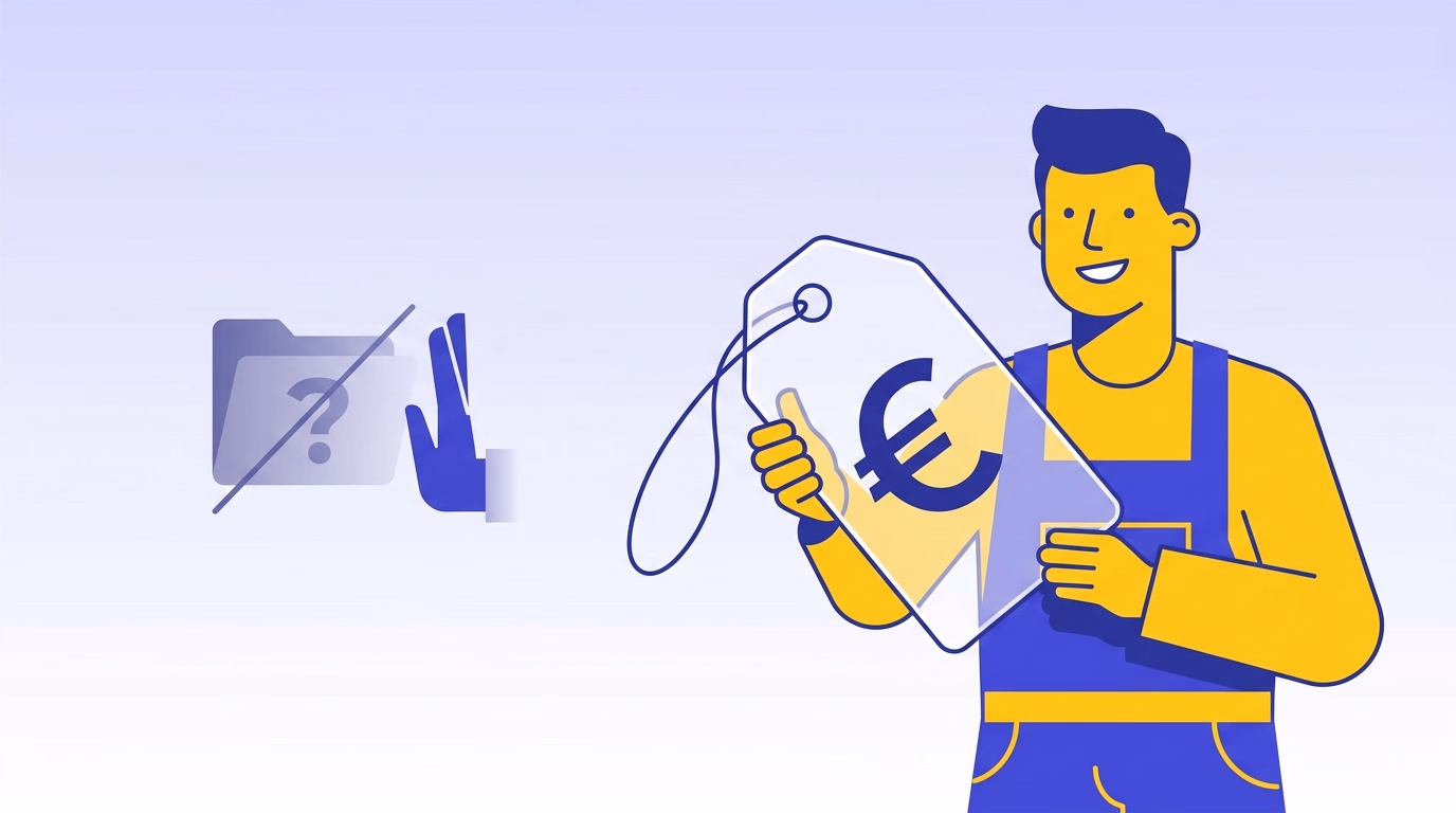 Illustration d'un artisan tenant une étiquette de prix transparente, symbole d'une tarification honnête et sans devis caché