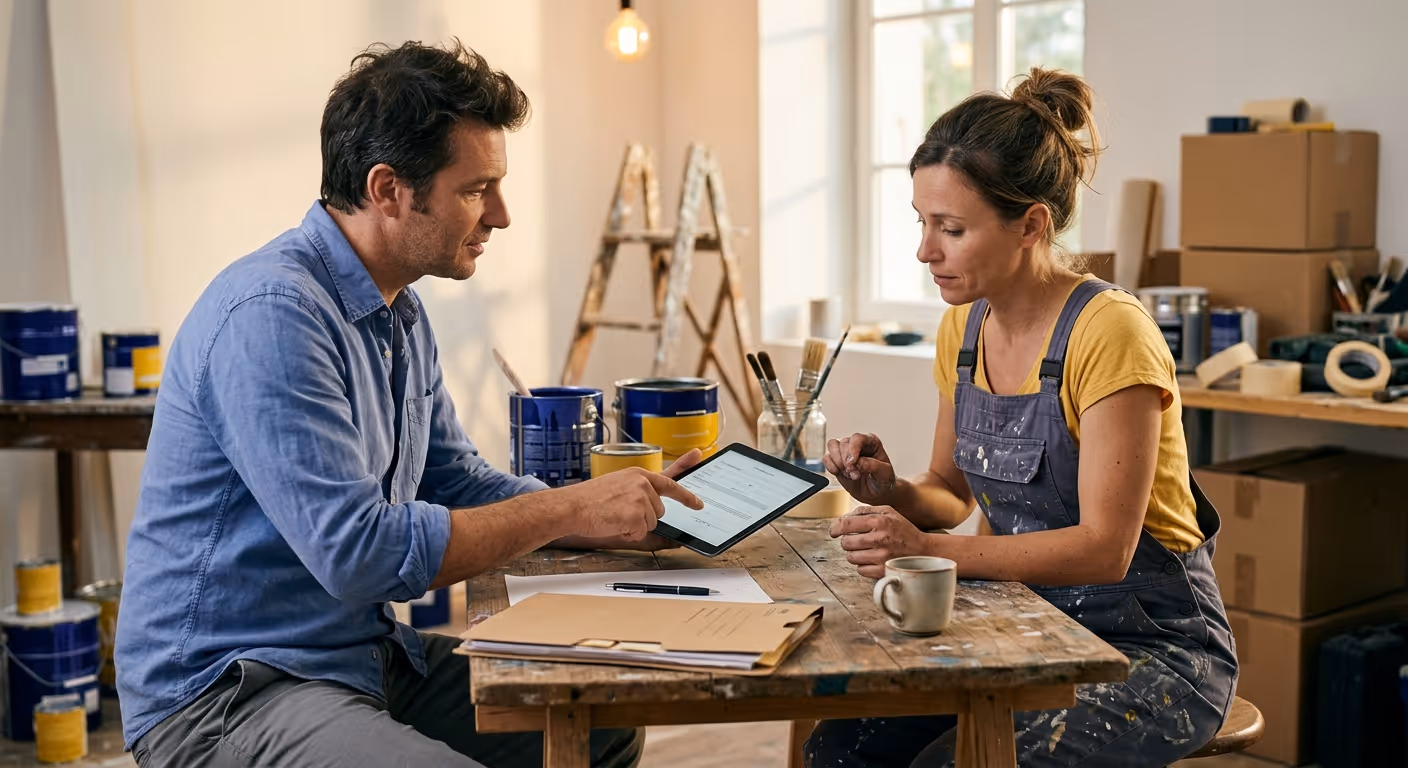 Un commercial tend une tablette à une artisane peintre pour obtenir sa signature immédiate dans son local