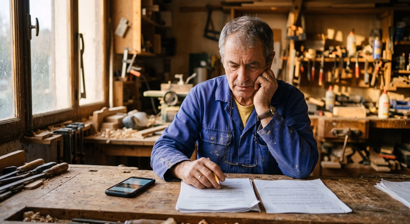 Un artisan menuisier relit attentivement un contrat de site internet dans son atelier en fin de journée