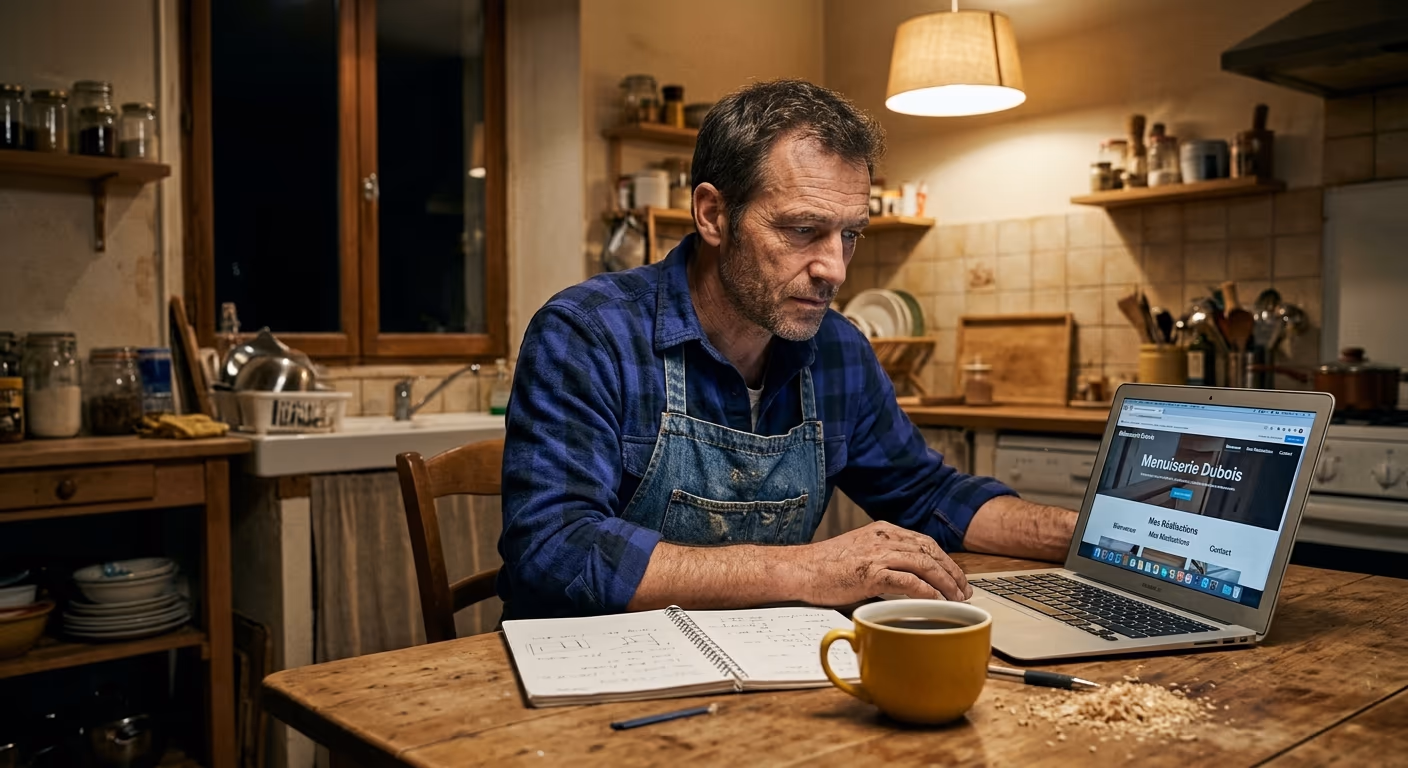 Un menuisier remplit le soir, à la table de sa cuisine, le site internet qu'il construit lui-même sur son ordinateur portable