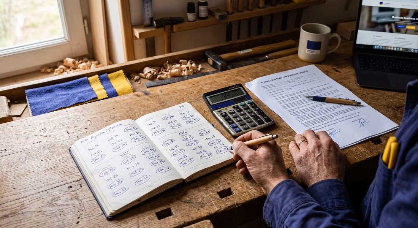 Un bureau d'artisan avec un agenda, une calculatrice et un contrat posés côte à côte, symbolisant le calcul du coût total d'un engagement de 48 mois