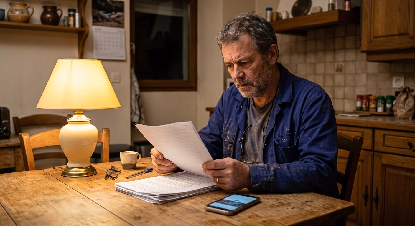 Un artisan plombier relit attentivement un long contrat de site internet dans son atelier en fin de soirée