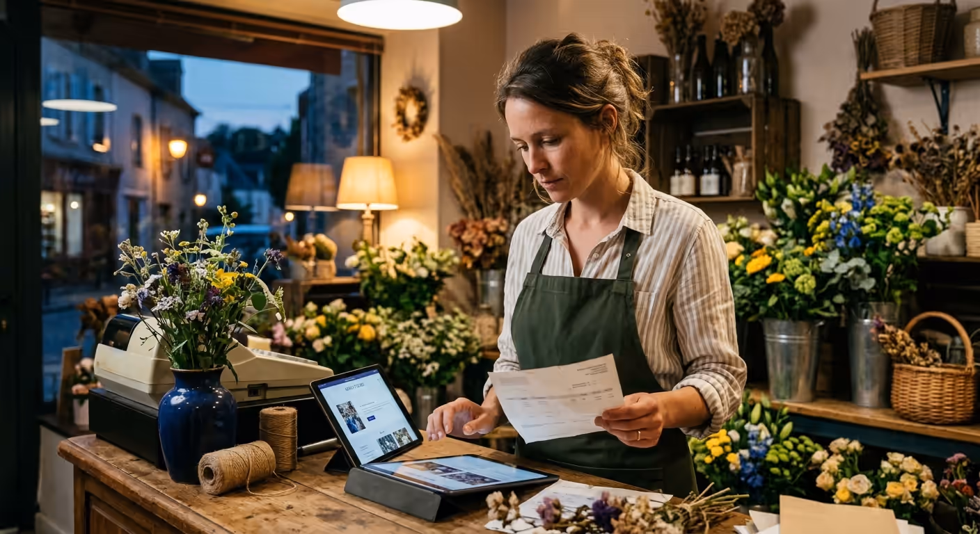 Une fleuriste compare un relevé bancaire et son site vitrine sur tablette, après la fermeture de sa boutique