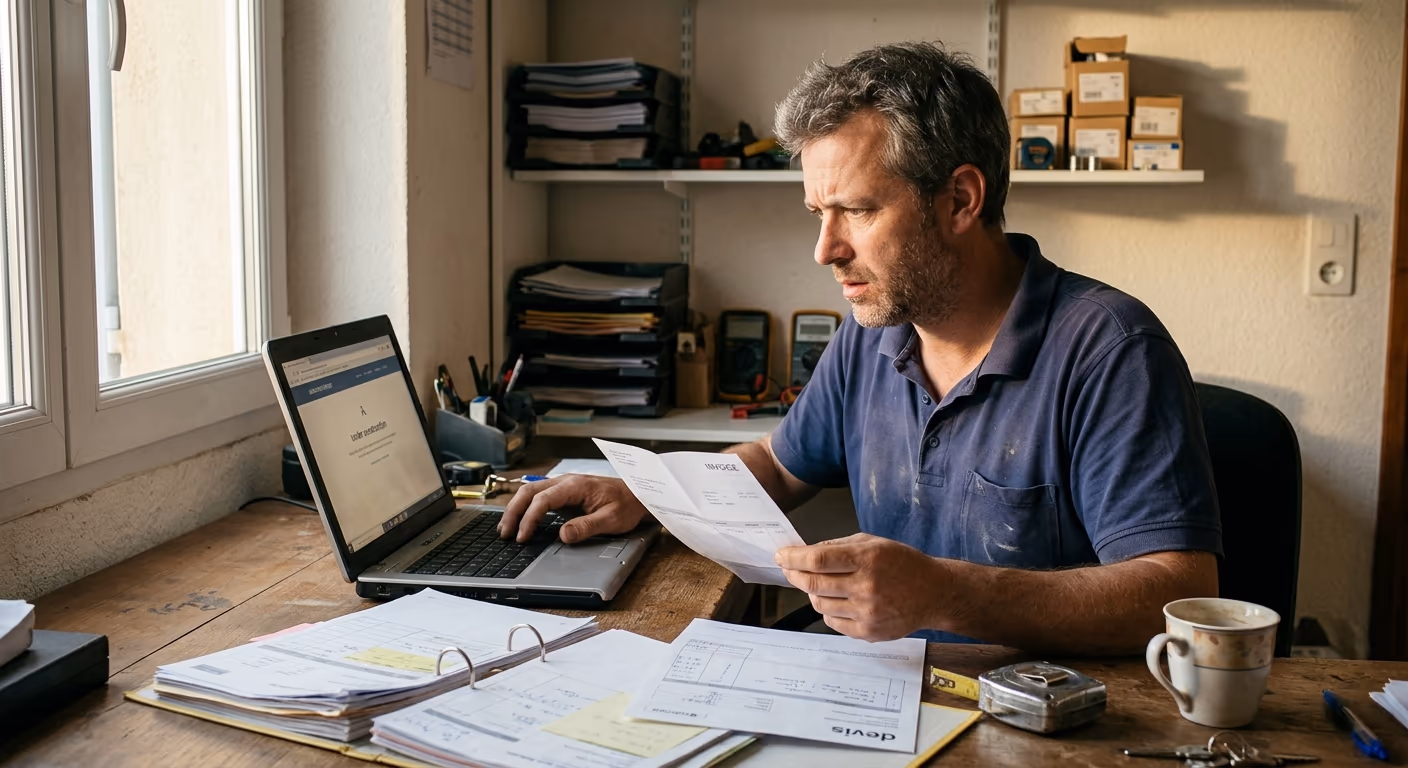 Un artisan électricien examine une facture imprévue dans son bureau d'atelier, son site vitrine ouvert sur l'écran de son ordinateur portable