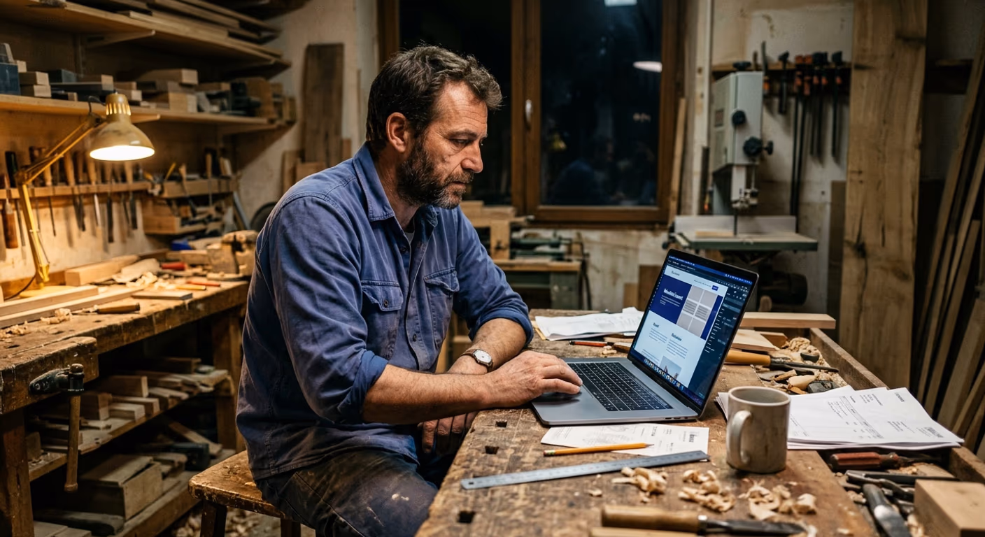 Un artisan menuisier construit lui-même son site vitrine sur son ordinateur portable, tard le soir dans son atelier