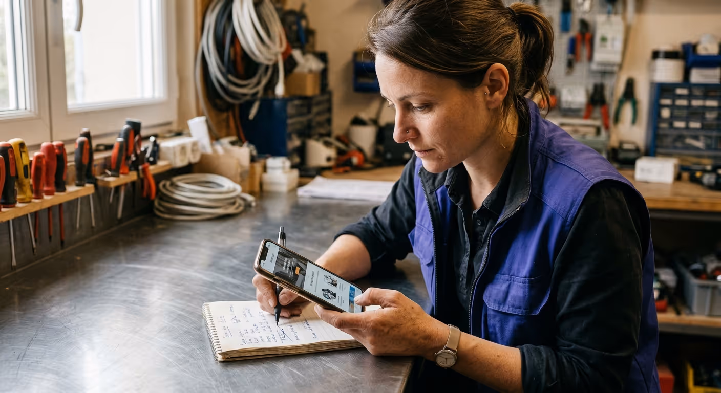 Une électricienne compare son site vitrine sur son téléphone avec la liste de ses vraies prestations, dans son atelier