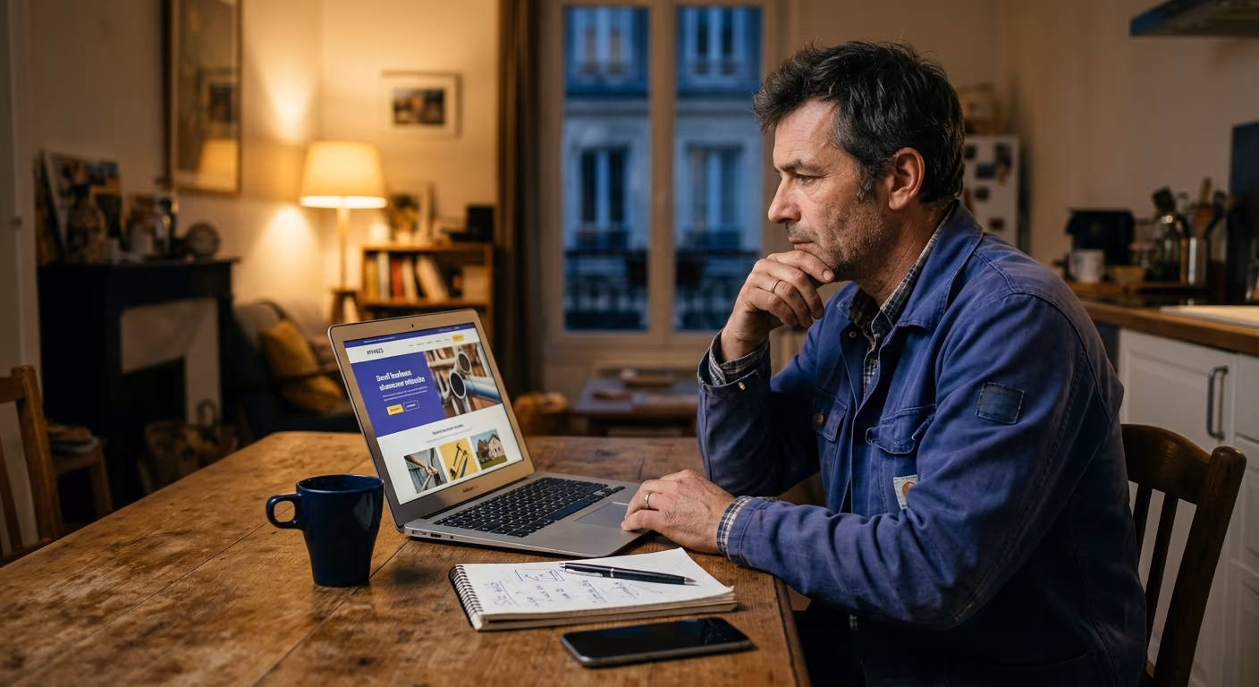 Un plombier examine le soir, à sa table de cuisine, le site vitrine qu'une IA vient de générer sur son ordinateur