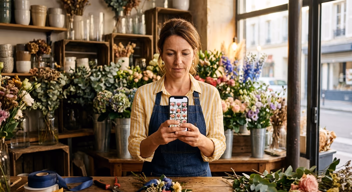 Une fleuriste consulte le compte Instagram de sa boutique sur son téléphone, en fin de journée derrière son comptoir