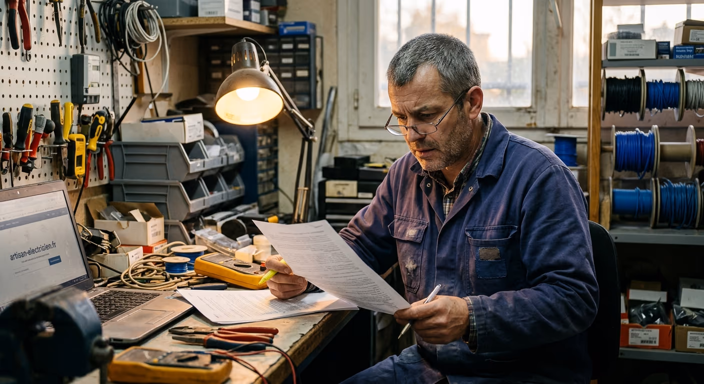Un artisan électricien relit attentivement un contrat de site internet dans son atelier en fin de journée