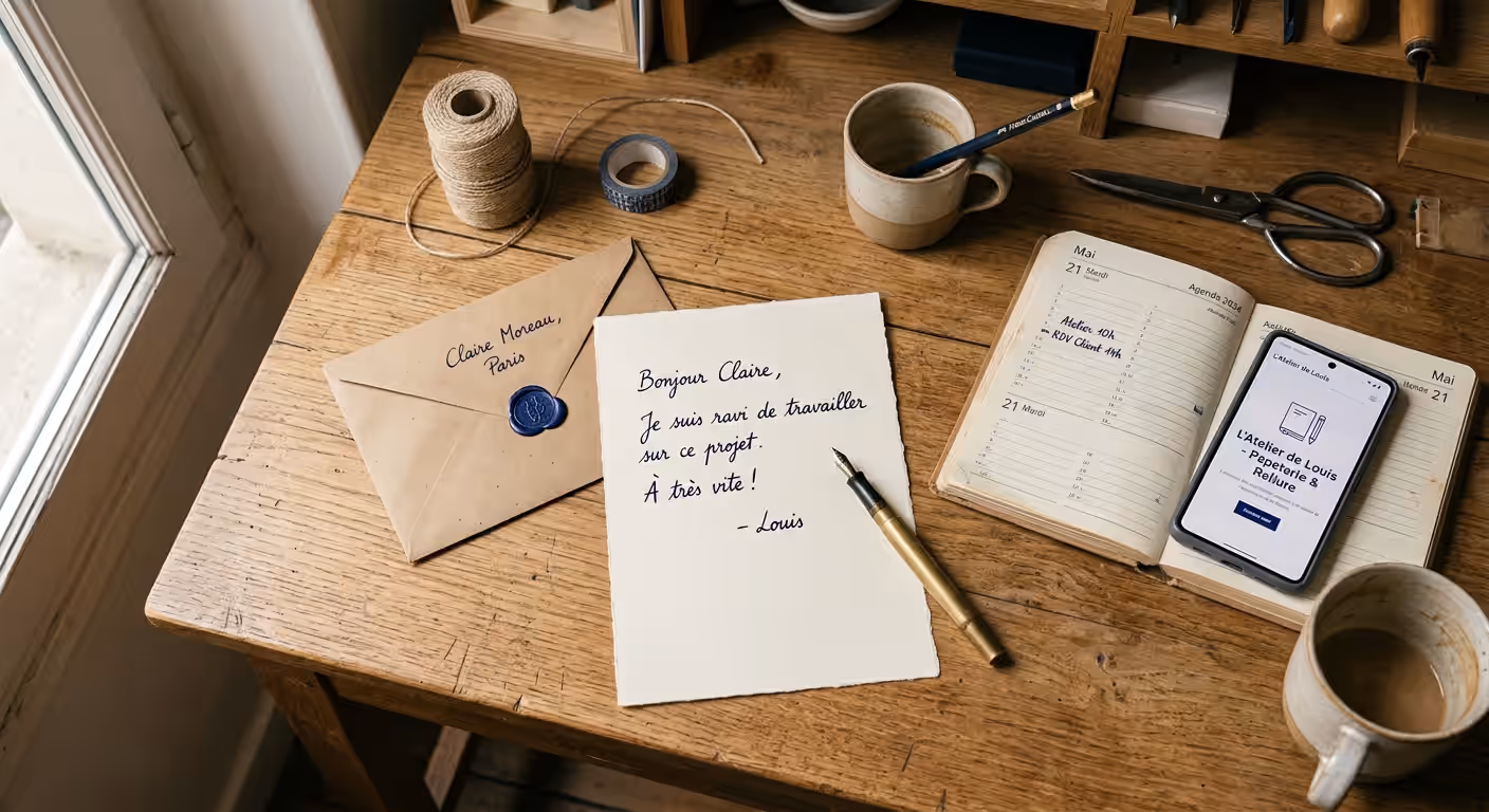 Vue de dessus d'un bureau avec une lettre en cours de rédaction, une enveloppe et un calendrier ouvert, préparation d'une résiliation de contrat