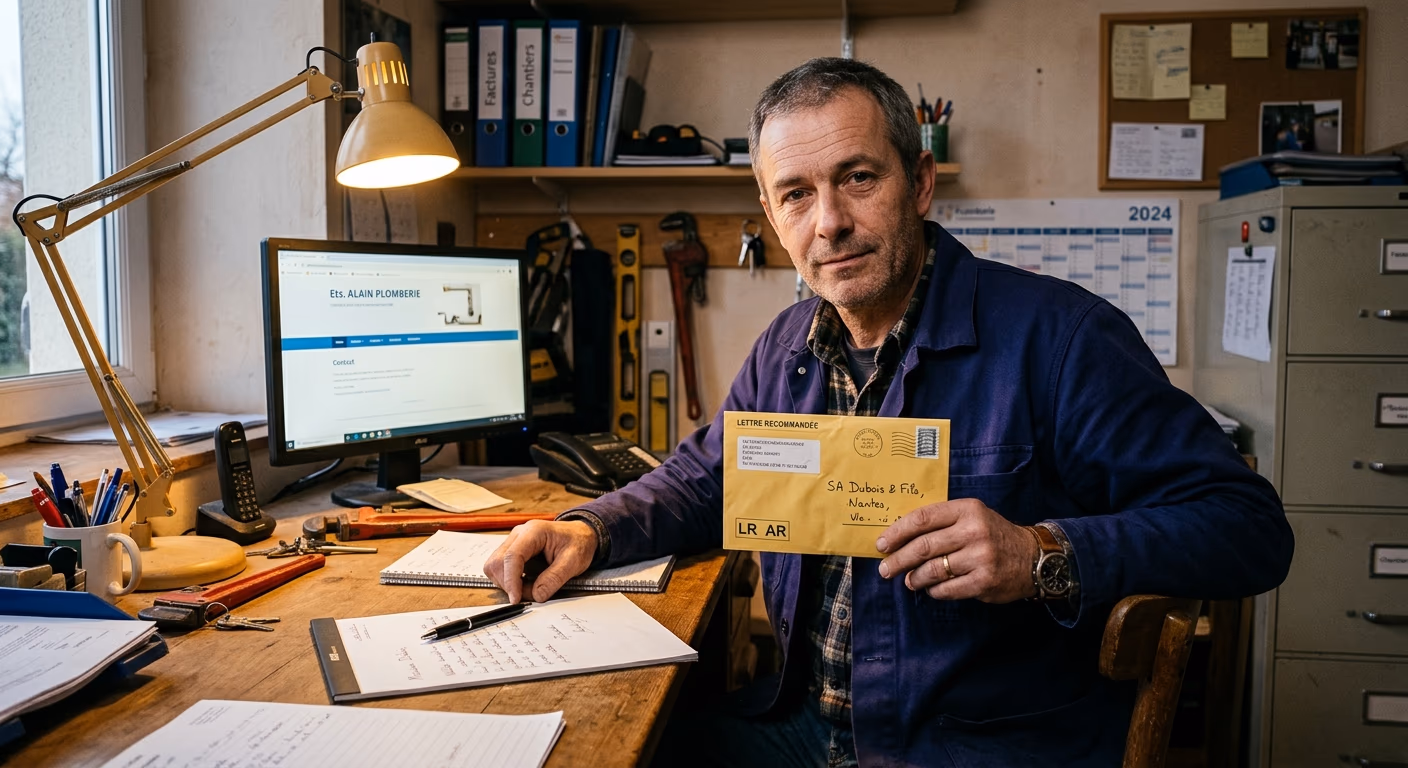 Artisan plombier tenant une enveloppe de lettre recommandée pour résiliation d'un contrat de site internet, stylo sur une feuille