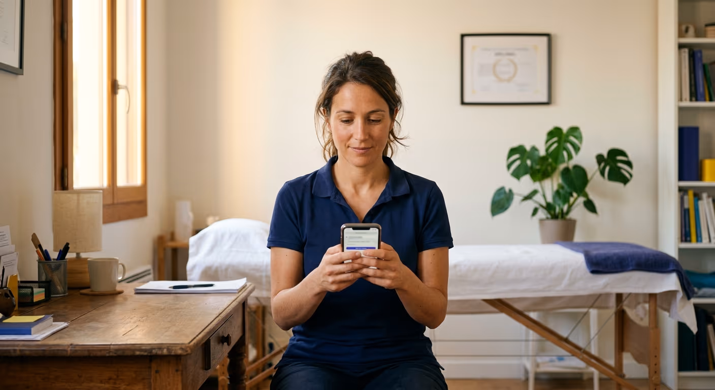 Une ostéopathe vérifie sur son smartphone la page de son cabinet, entre deux consultations, pour trouver des patients