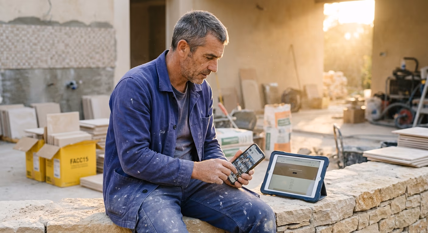 Un artisan carreleur compare sa page Facebook sur son smartphone et son site internet sur une tablette, sur un chantier