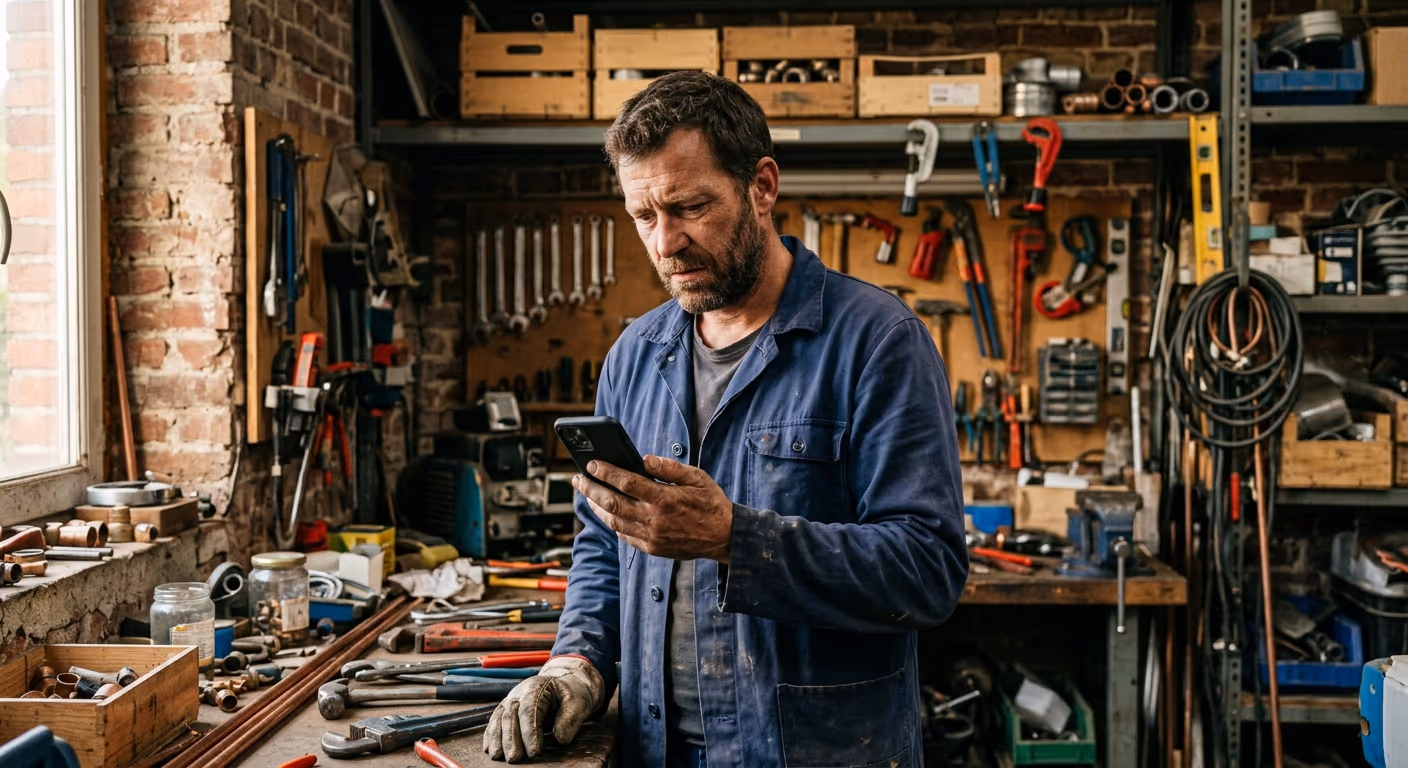Artisan plombier dans son atelier, regarde son smartphone avec perplexité, page de résultats Google vide sur l'écran