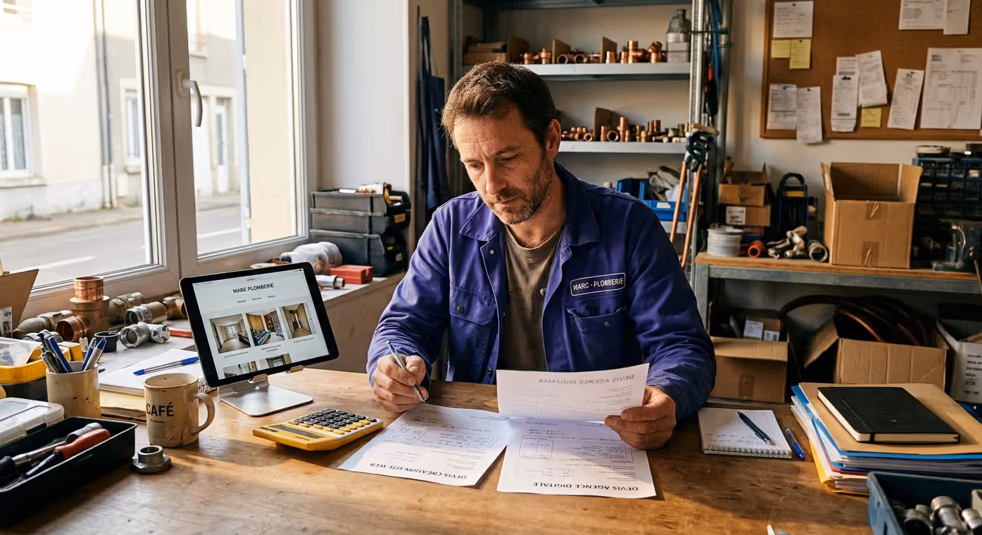 Un plombier compare deux devis de création de site internet à son bureau d'atelier, sa tablette affichant sa vitrine