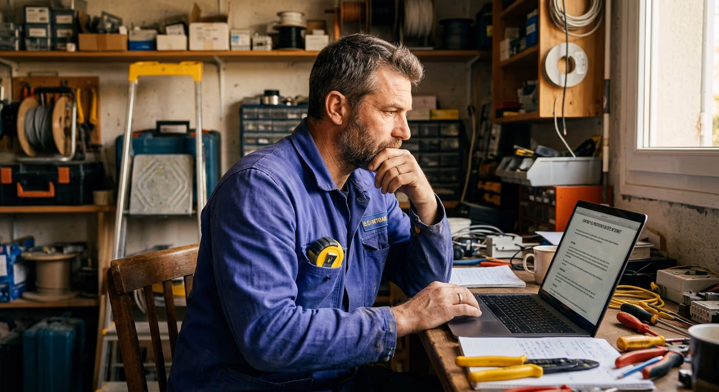 Un artisan électricien relit attentivement un contrat de prestation de site internet dans son atelier en fin d'après-midi