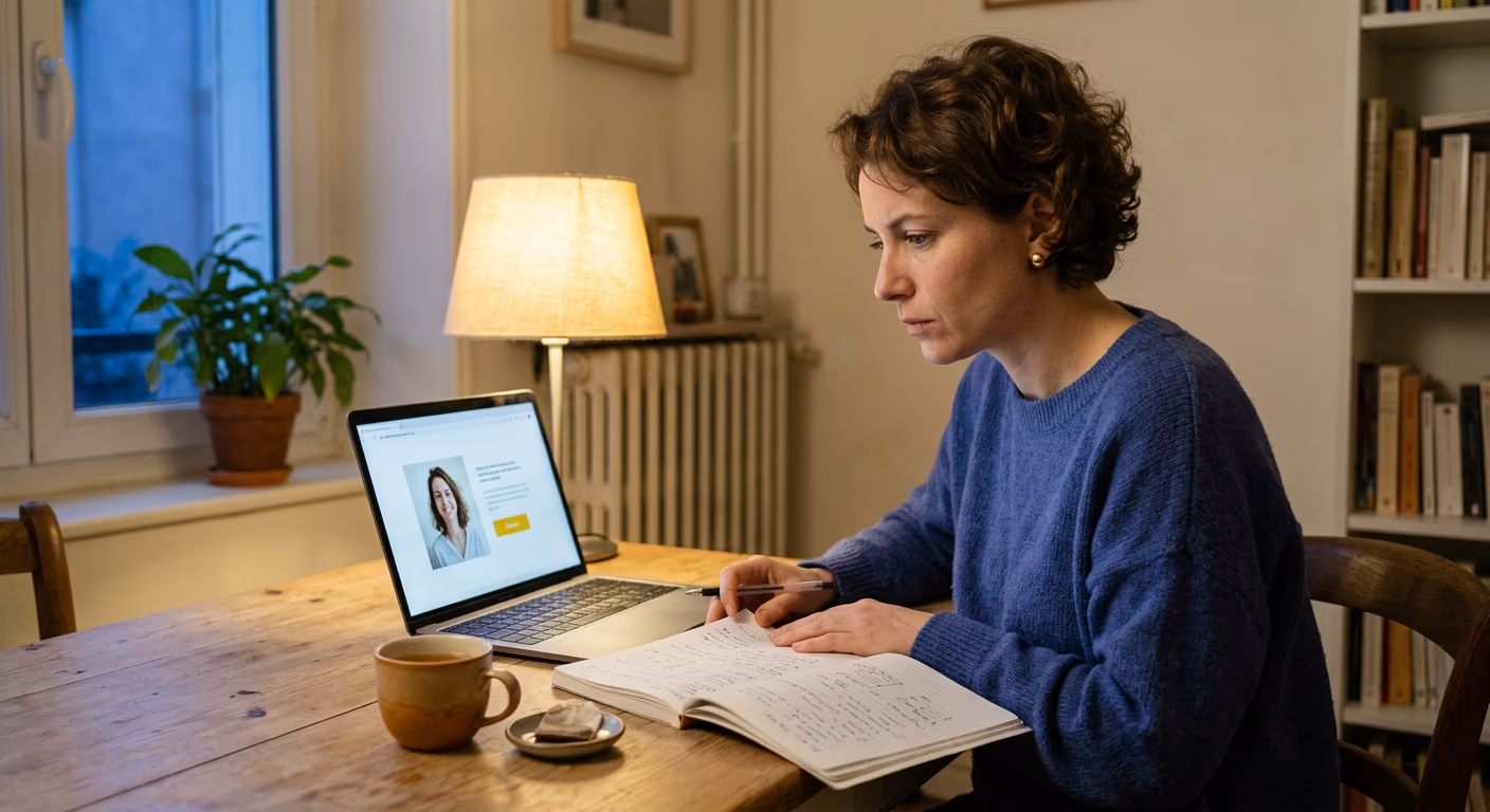 Auto-entrepreneure française installée à sa table de salon le soir, elle crée son site vitrine sur son ordinateur portable