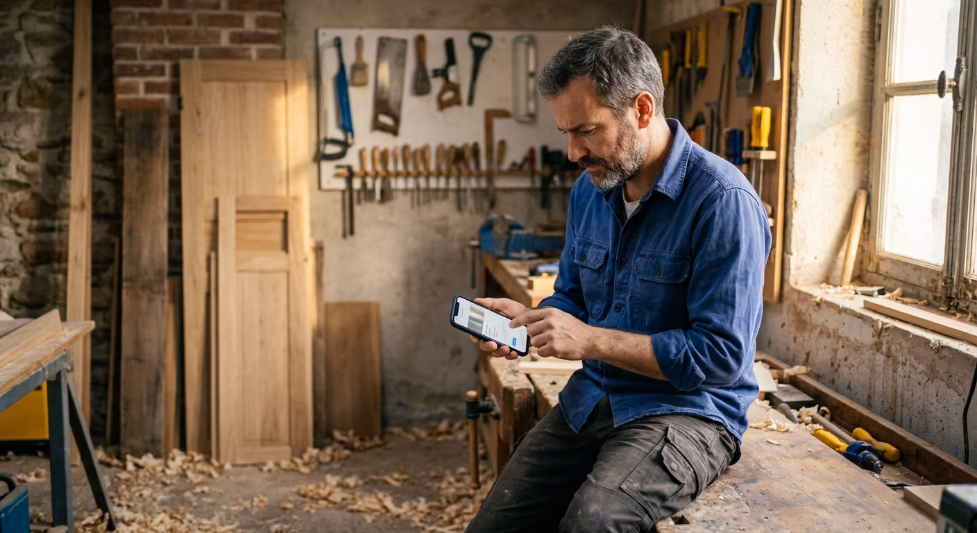Un menuisier lit dans son atelier les conditions d'un site internet gratuit sans engagement sur son smartphone