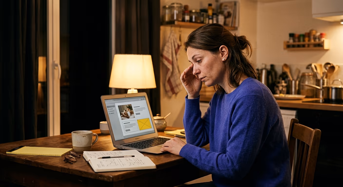 Une esthéticienne fatiguée termine tard le soir la création de son site internet sur son ordinateur portable, à la table de sa cuisine
