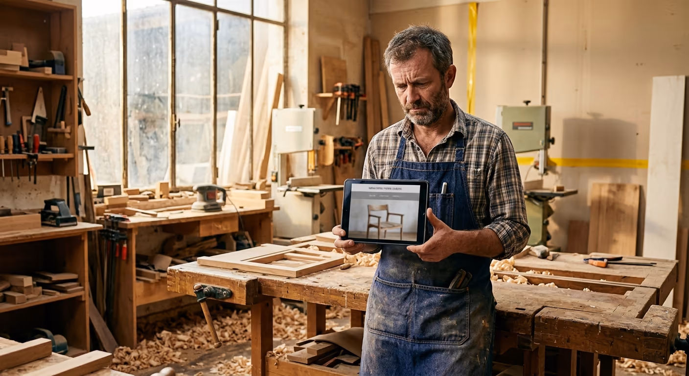 Un artisan menuisier examine d'un air dubitatif son site vitrine affiché sur une tablette, dans son atelier en fin de journée