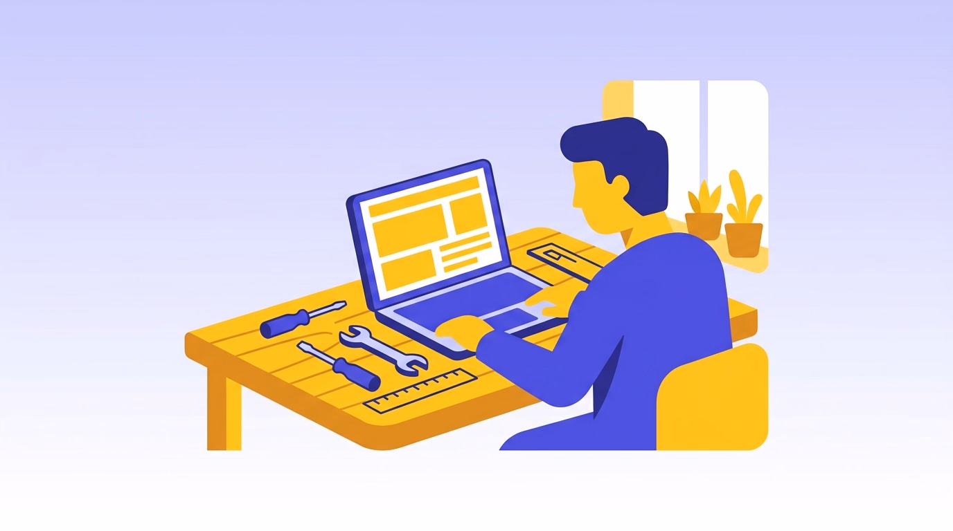 Illustration d'un artisan du web au travail à son établi, ambiance artisanale et de proximité