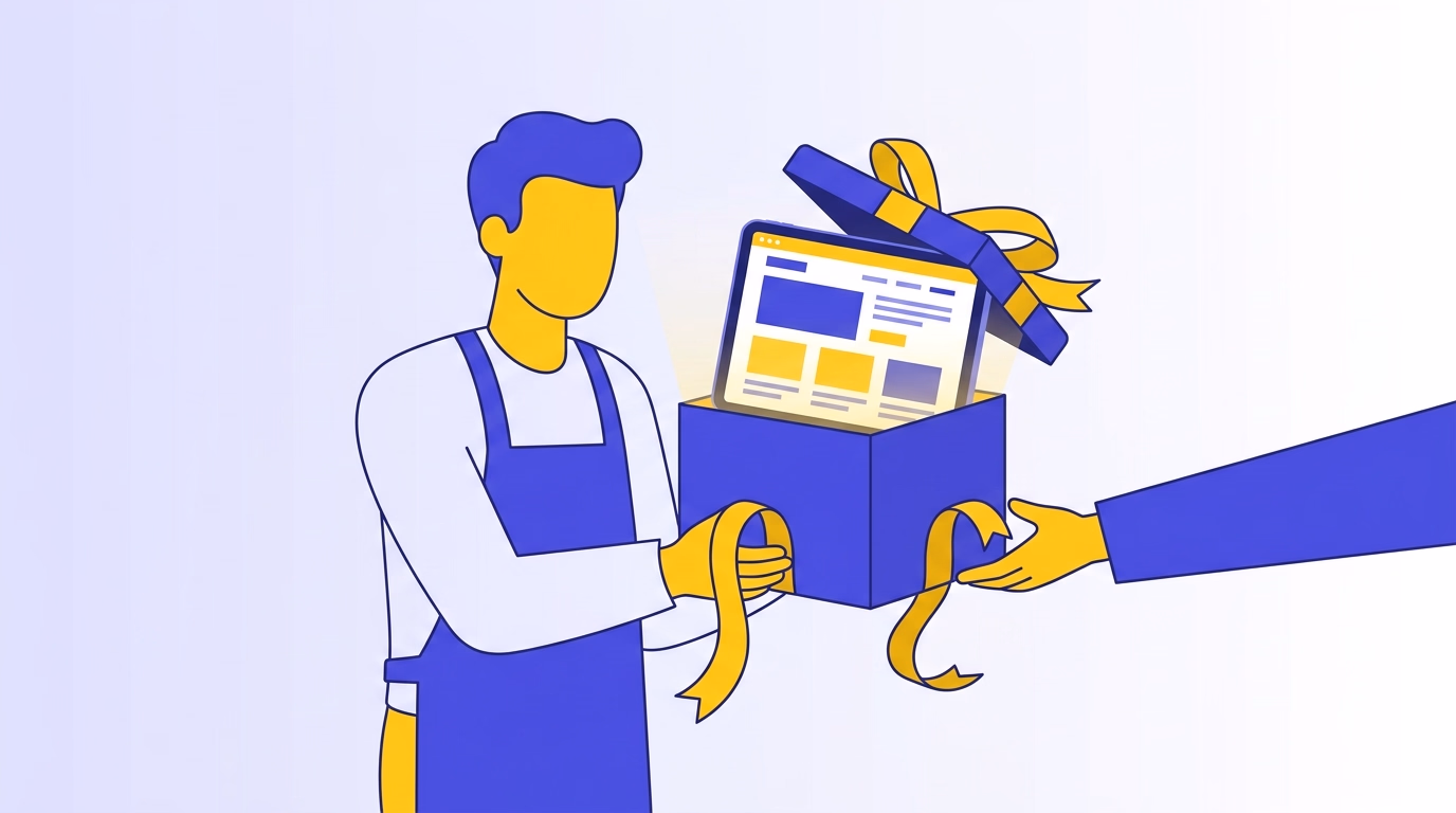 Illustration d'un artisan recevant un cadeau contenant un écran affichant un site internet, offert sans contrepartie