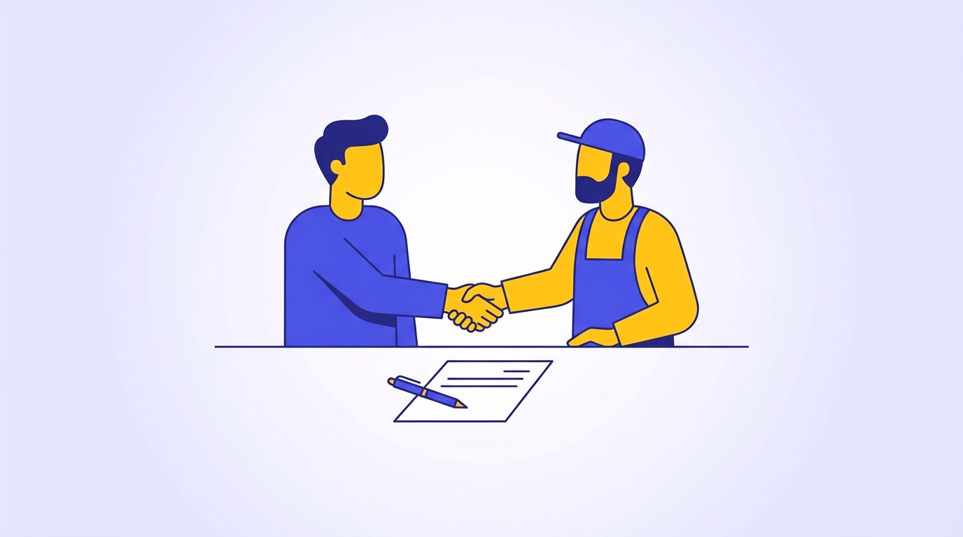 Illustration d'une poignée de main sur un document simple, symbole du passage au forfait payant sans lourdeur administrative